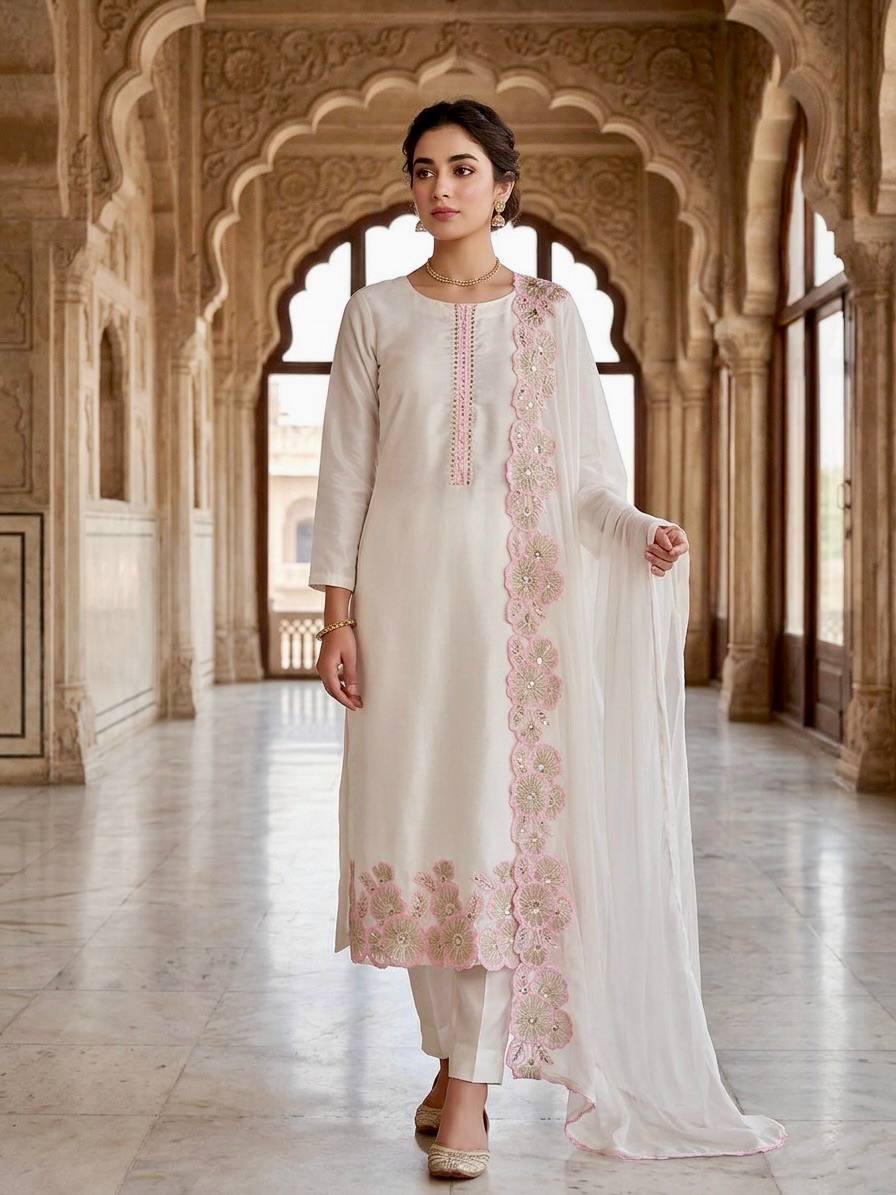 Off White Floral Embroidered Straight Kurta with Dupatta Set