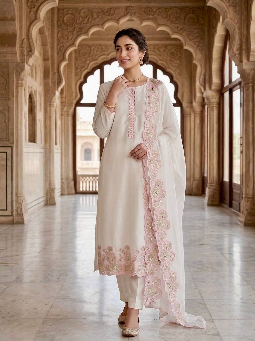 Off White Floral Embroidered Straight Kurta with Dupatta Set