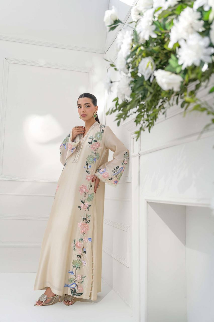 Ivory Floral Embroidered Rayon Fully Stitched A-Line Flared Kurta