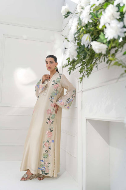 Ivory Floral Embroidered Rayon Fully Stitched A-Line Flared Kurta