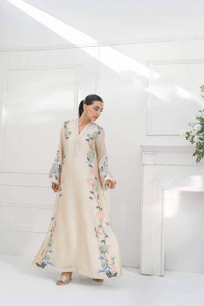 Ivory Floral Embroidered Rayon Fully Stitched A-Line Flared Kurta