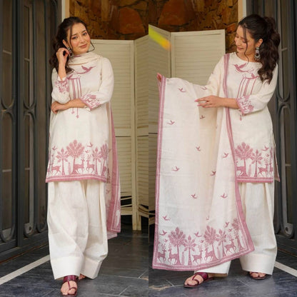 Pink Floral Printed & Embroidered Cotton Suit Set with Straight Kurta & Farshi salwar