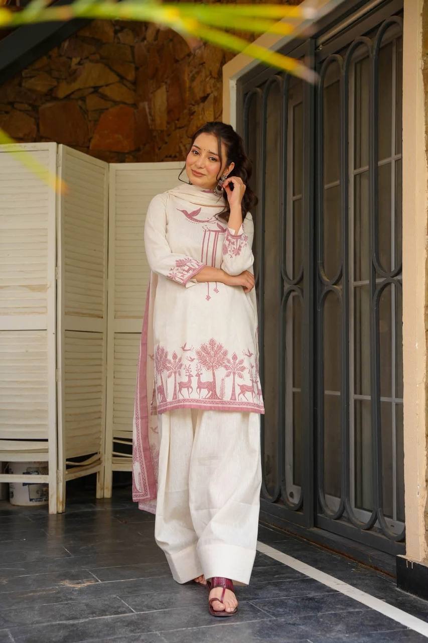 Pink Floral Printed & Embroidered Cotton Suit Set with Straight Kurta & Farshi salwar