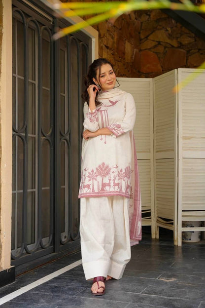 Pink Floral Printed & Embroidered Cotton Suit Set with Straight Kurta & Farshi salwar