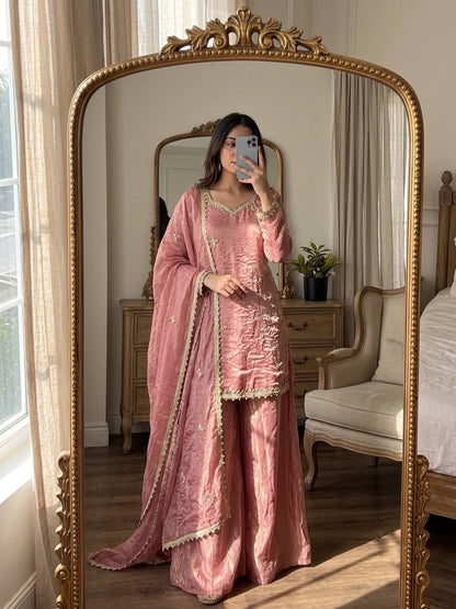 Designer Pink Straight Kurta with Palazzo & Dupatta