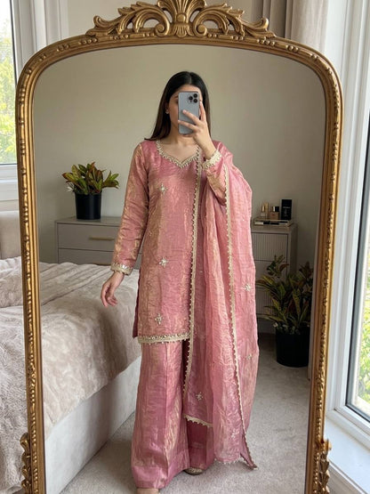 Designer Pink Straight Kurta with Palazzo & Dupatta