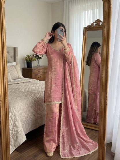Designer Pink Straight Kurta with Palazzo & Dupatta