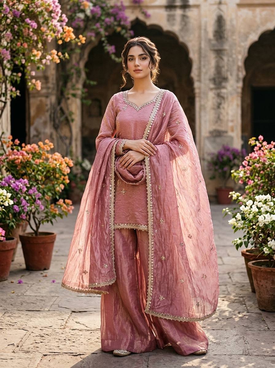 Designer Pink Straight Kurta with Palazzo & Dupatta