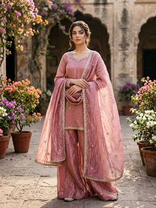 Designer Pink Straight Kurta with Palazzo & Dupatta