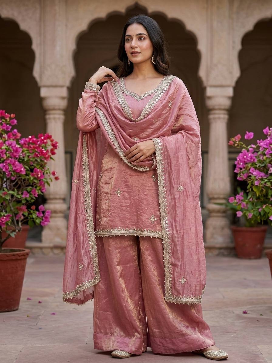 Designer Pink Straight Kurta with Palazzo & Dupatta