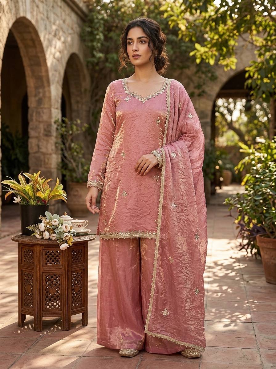 Designer Pink Straight Kurta with Palazzo & Dupatta