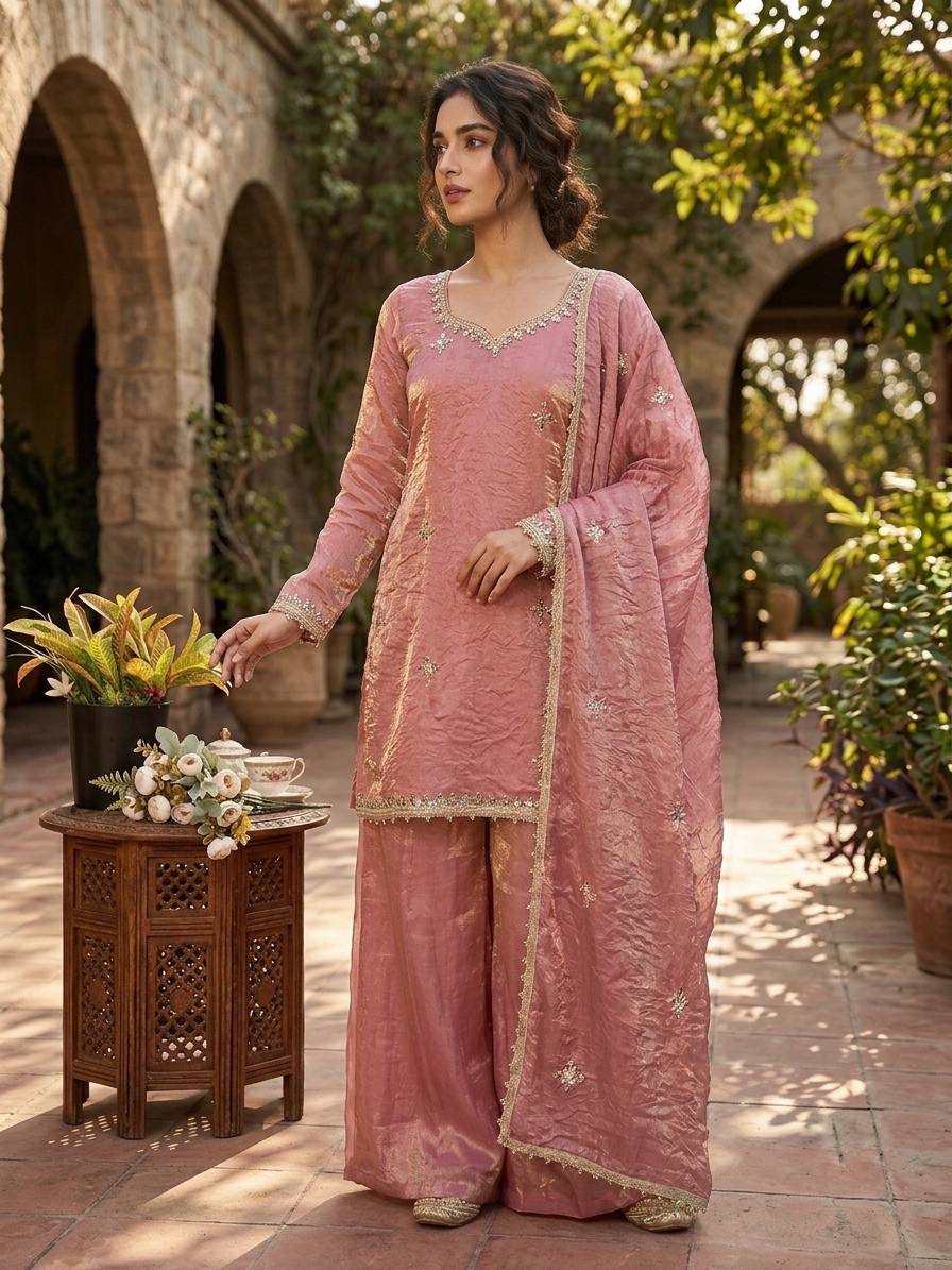Designer Pink Straight Kurta with Palazzo & Dupatta