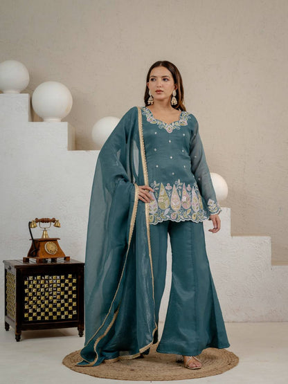 Premium Teal Blue Floral Thread Work With Kurta Set for Women