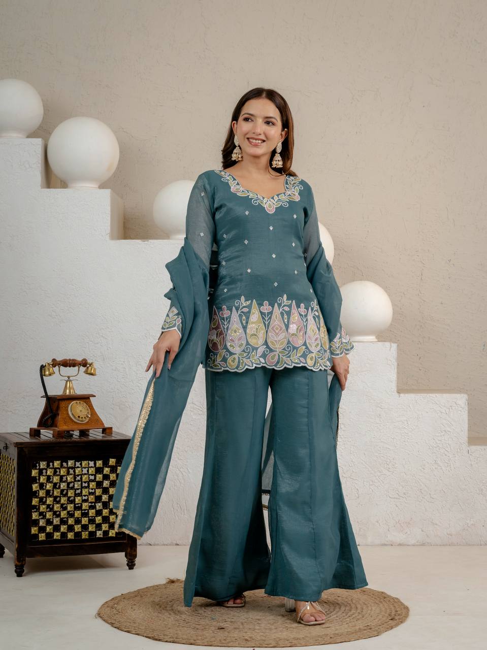 Premium Teal Blue Floral Thread Work With Kurta Set for Women