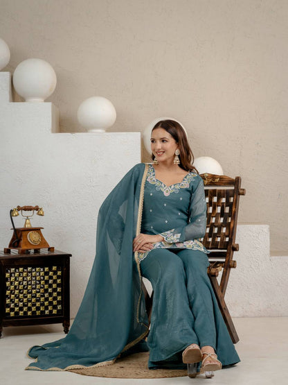 Premium Teal Blue Floral Thread Work With Kurta Set for Women
