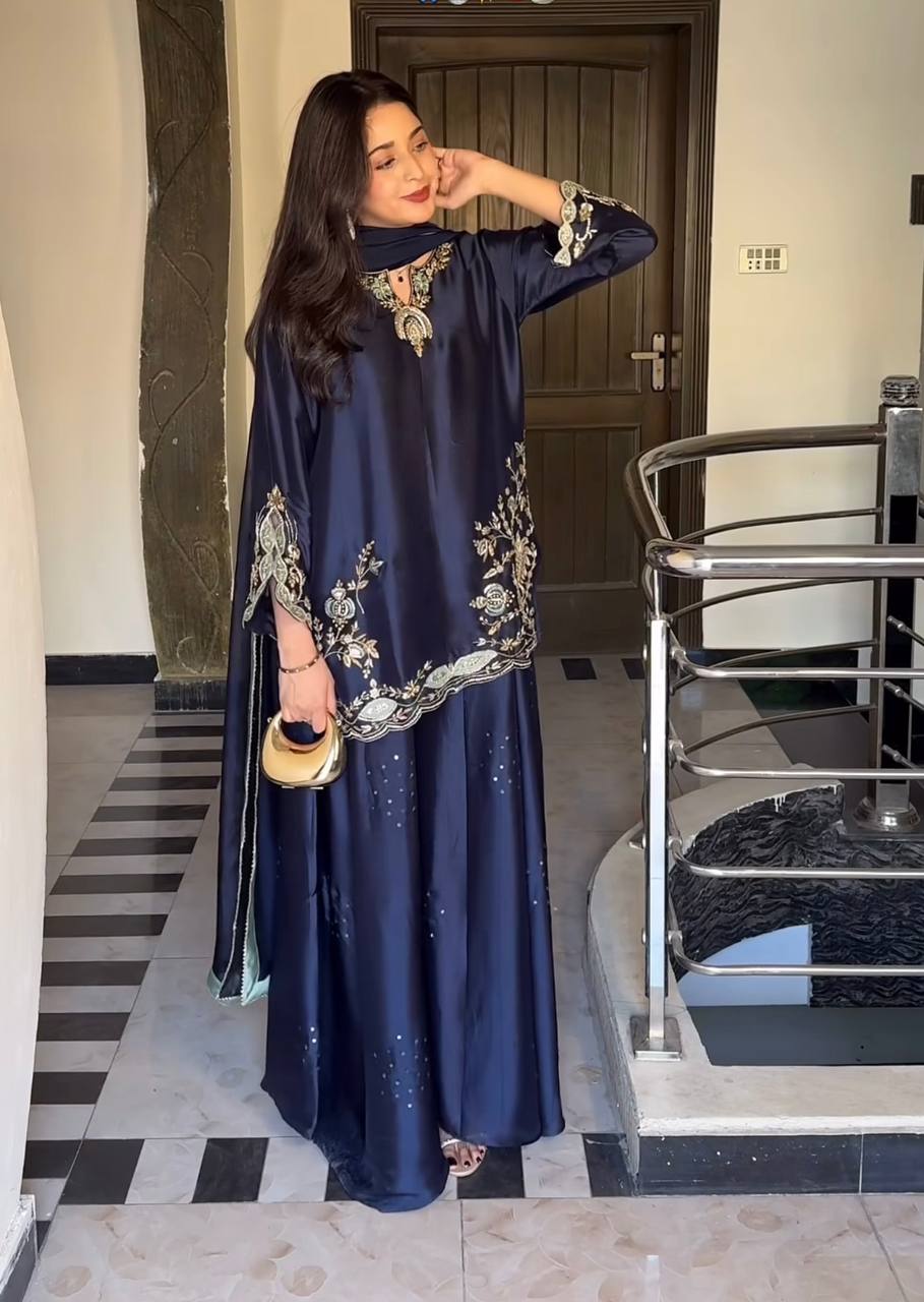 Elegant Midnight Blue Ethnic Kurta Palazzo Set