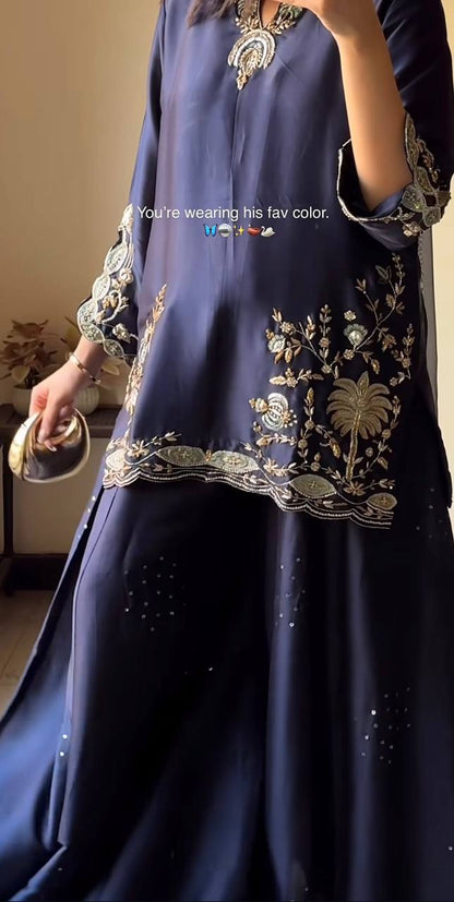 Elegant Midnight Blue Ethnic Kurta Palazzo Set