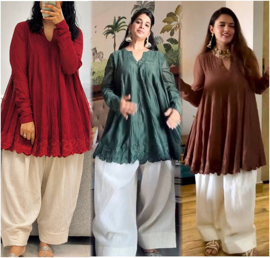 Embroidered Rayon Flared Kurta with White farshi