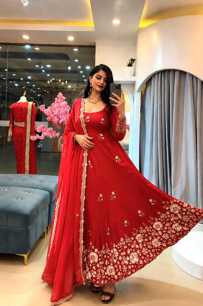 Women's Party Wear Red Heavy Embroidered Anarkali Dress Set with Dupatta