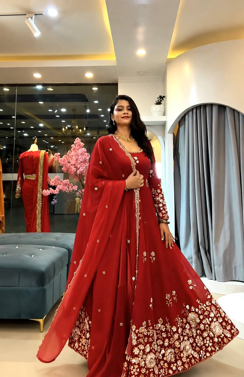 Women's Party Wear Red Heavy Embroidered Anarkali Dress Set with Dupatta