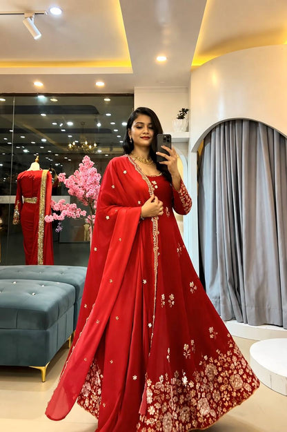 Women's Party Wear Red Heavy Embroidered Anarkali Dress Set with Dupatta