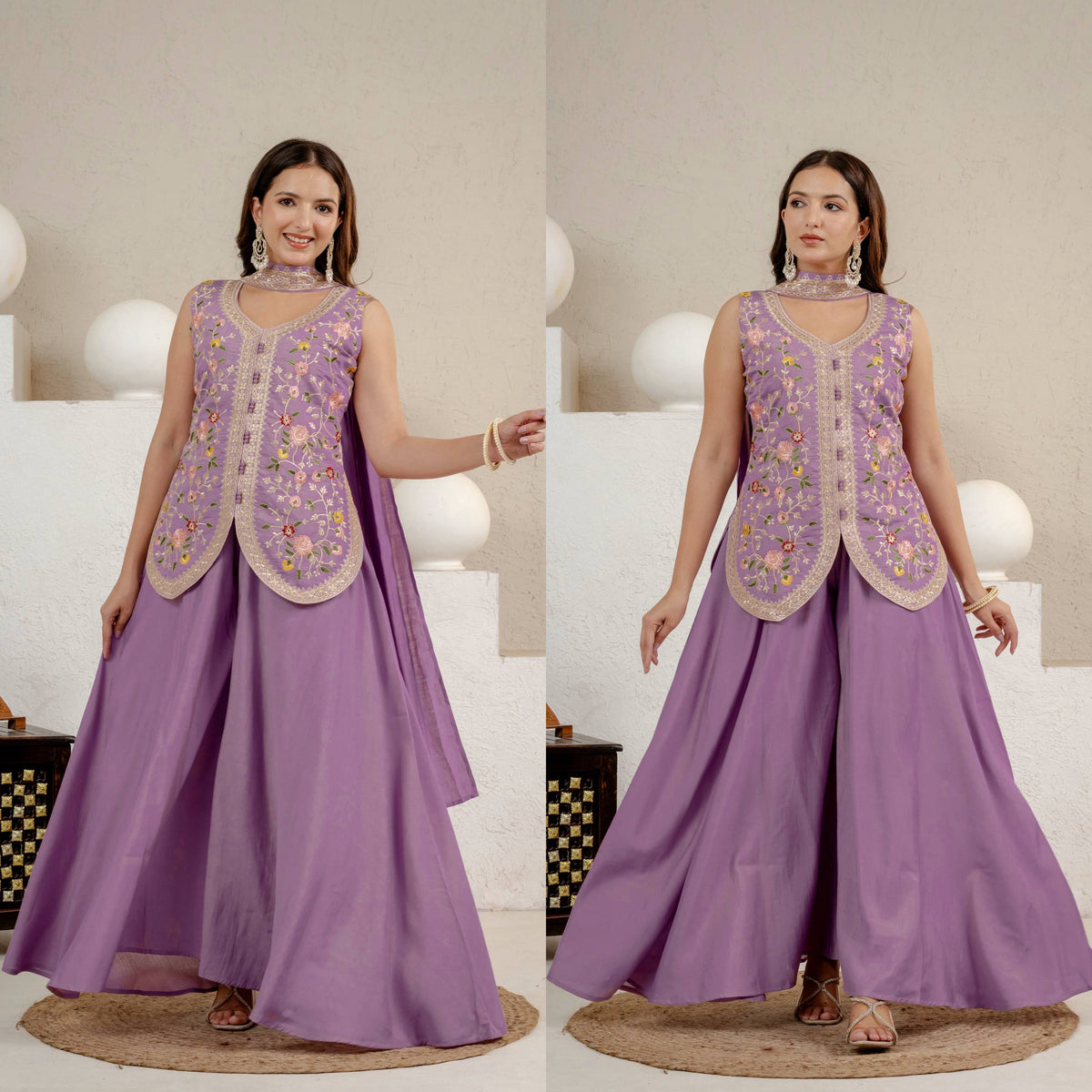 Lavender Floral Embroidered Chinon Silk Kurta Palazzo Set with Dupatta for Women