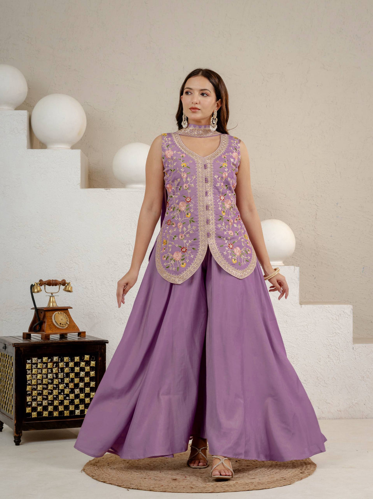 Lavender Floral Embroidered Chinon Silk Kurta Palazzo Set with Dupatta for Women
