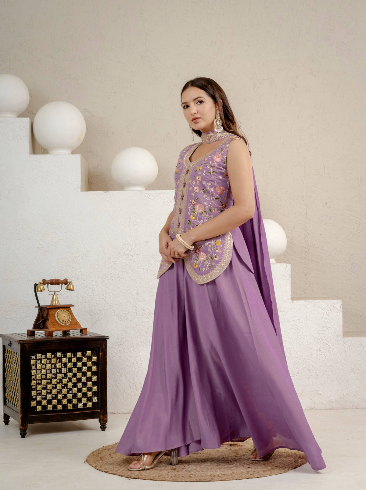 Lavender Floral Embroidered Chinon Silk Kurta Palazzo Set with Dupatta for Women