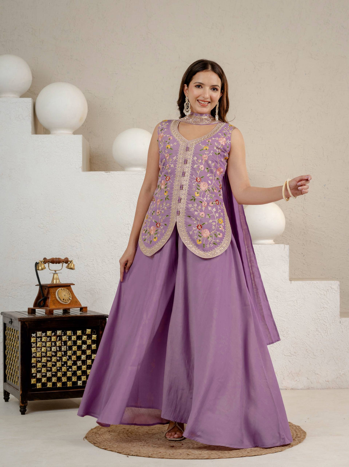 Lavender Floral Embroidered Chinon Silk Kurta Palazzo Set with Dupatta for Women
