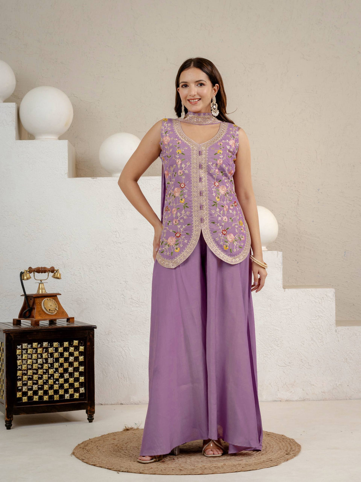 Lavender Floral Embroidered Chinon Silk Kurta Palazzo Set with Dupatta for Women