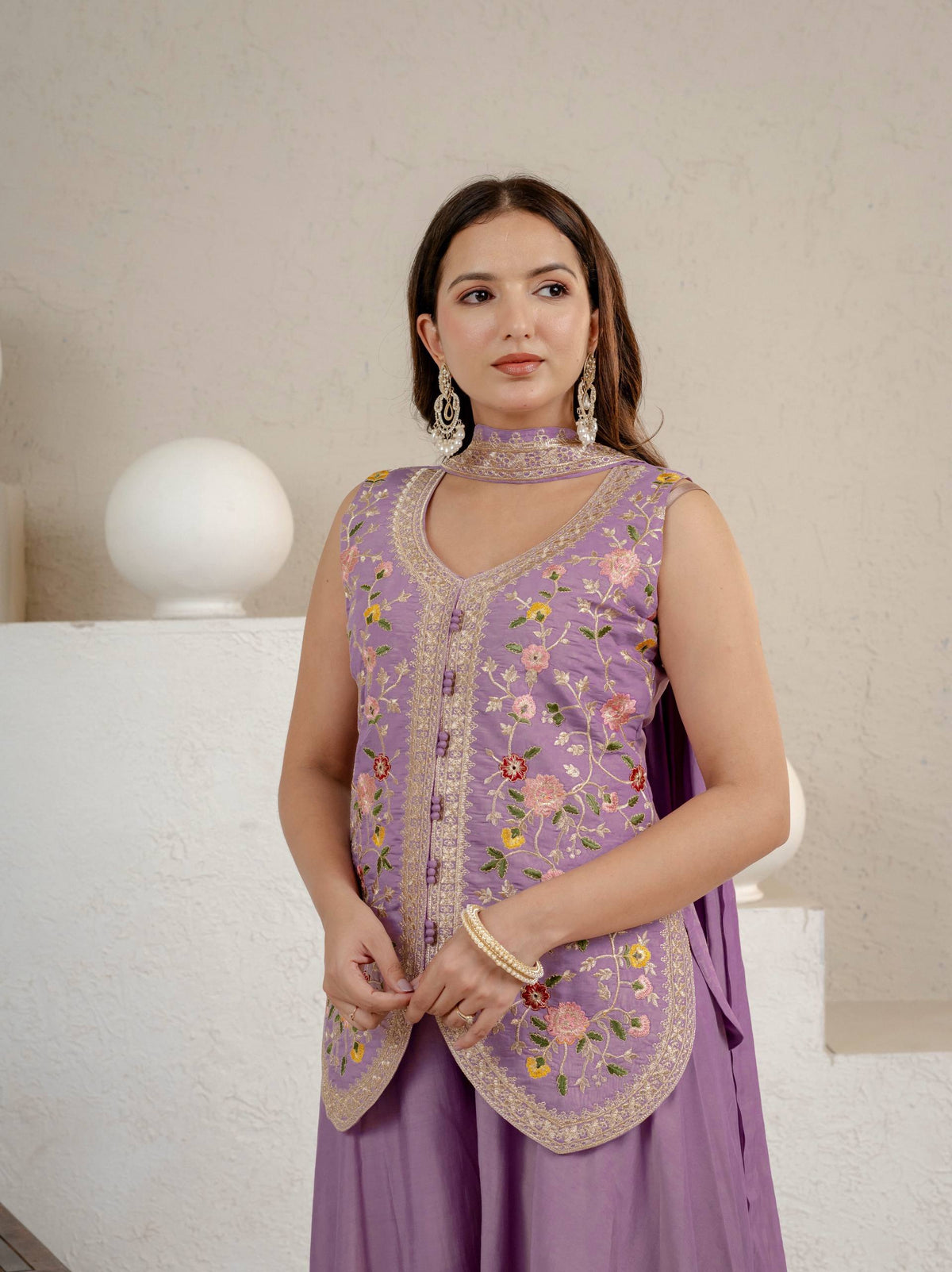 Lavender Floral Embroidered Chinon Silk Kurta Palazzo Set with Dupatta for Women