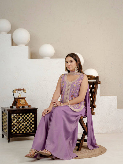 Lavender Floral Embroidered Chinon Silk Kurta Palazzo Set with Dupatta for Women