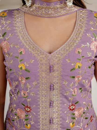 Lavender Floral Embroidered Chinon Silk Kurta Palazzo Set with Dupatta for Women