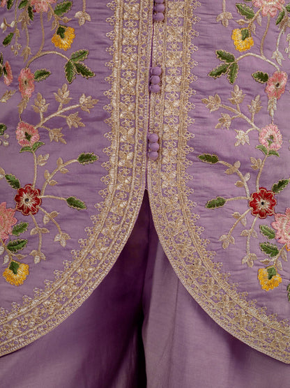 Lavender Floral Embroidered Chinon Silk Kurta Palazzo Set with Dupatta for Women