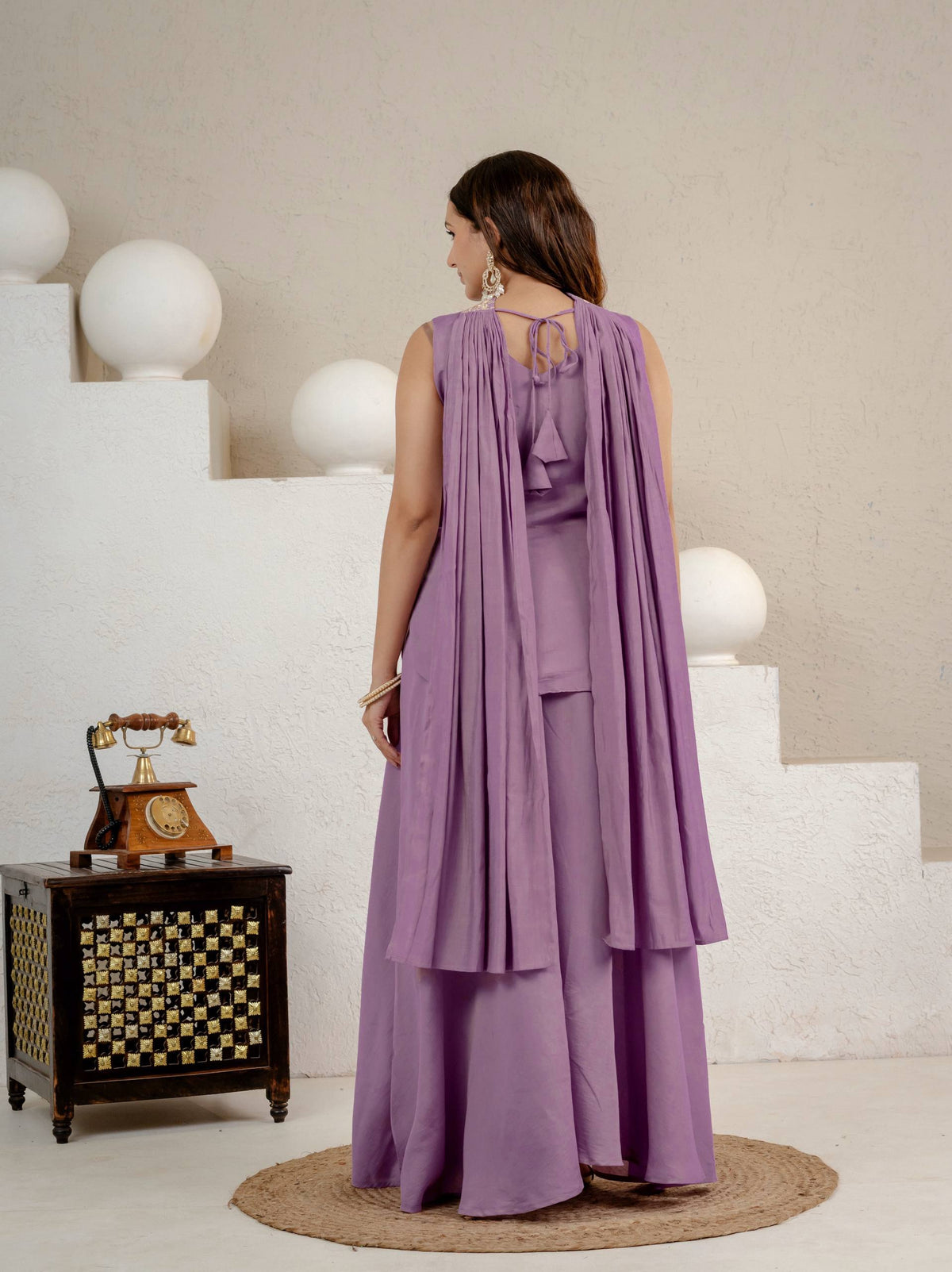 Lavender Floral Embroidered Chinon Silk Kurta Palazzo Set with Dupatta for Women