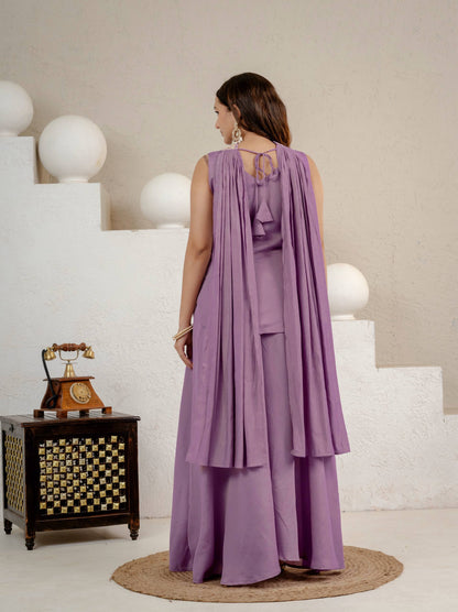 Lavender Floral Embroidered Chinon Silk Kurta Palazzo Set with Dupatta for Women