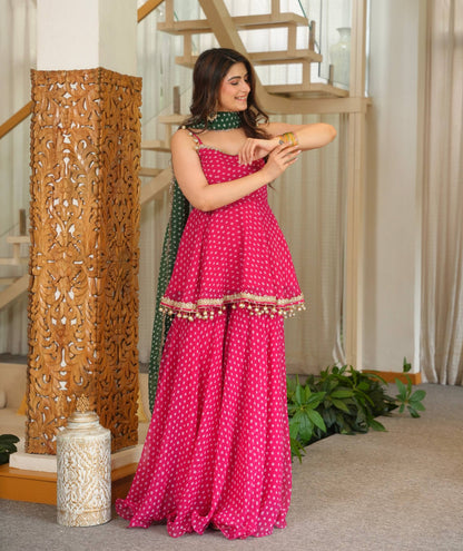 Pink Printed Georgette Plazzo Suit with Green Dupatta