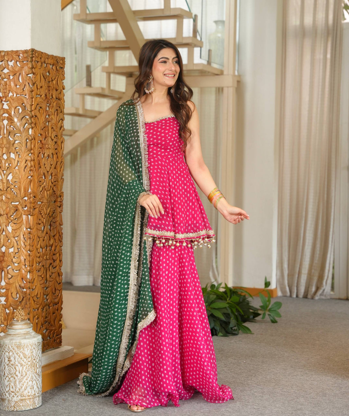 Pink Printed Georgette Plazzo Suit with Green Dupatta