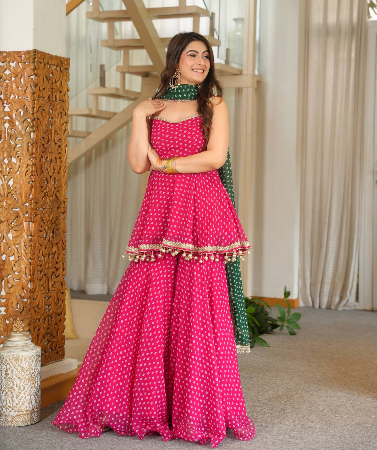 Pink Printed Georgette Plazzo Suit with Green Dupatta