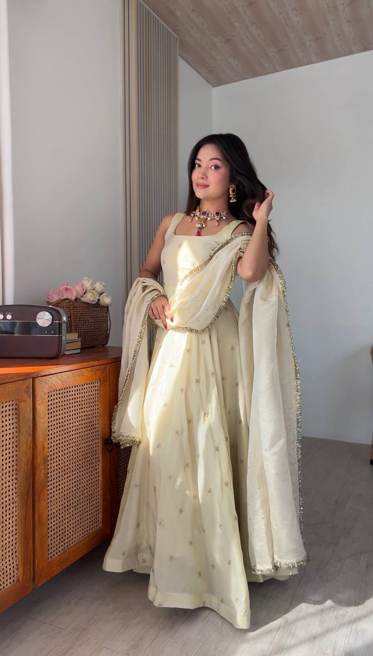Women's Cream Organza Anarkali Gown with Sequin Work Dupat
