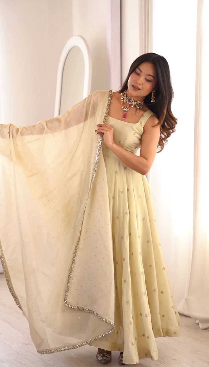 Women's Cream Organza Anarkali Gown with Sequin Work Dupat