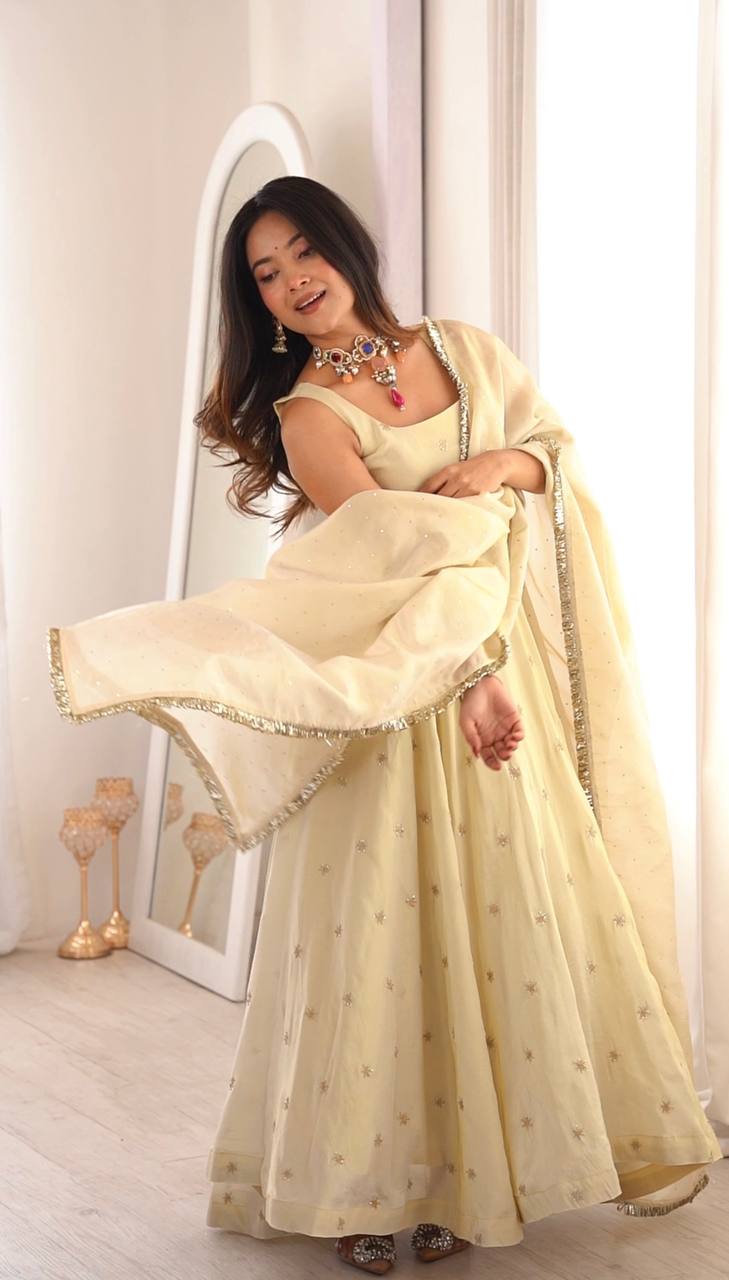 Women's Cream Organza Anarkali Gown with Sequin Work Dupat