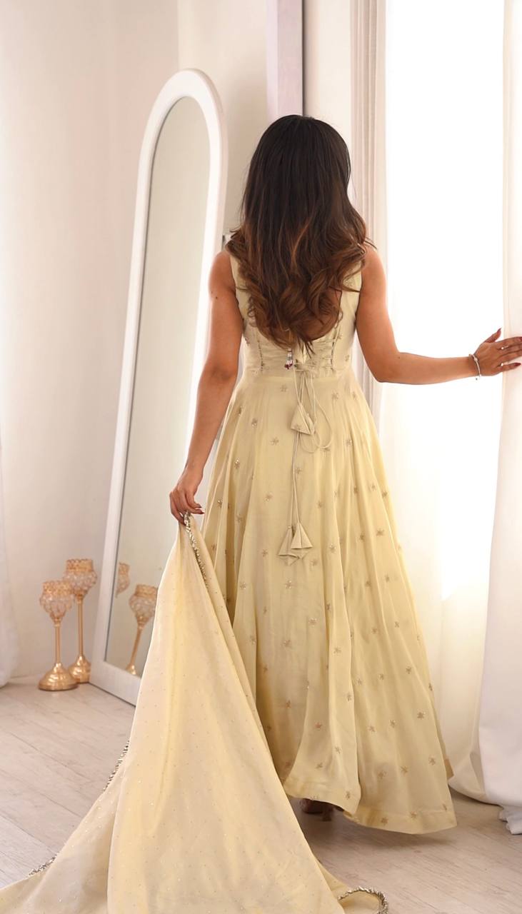 Women's Cream Organza Anarkali Gown with Sequin Work Dupat
