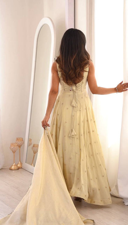 Women's Cream Organza Anarkali Gown with Sequin Work Dupat
