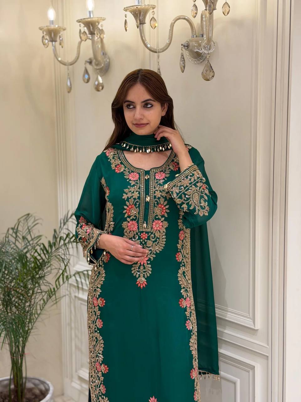 Designer Dark Green Floral Embroidered Straight Kurta with Plazzo & Dupatta Set