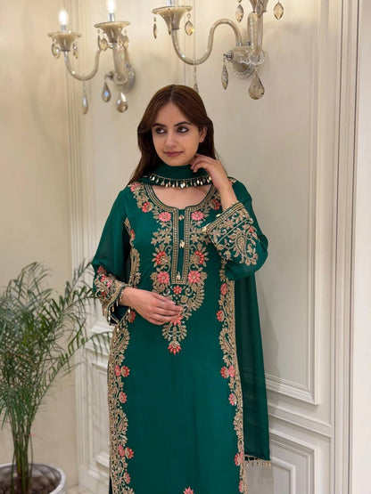 Designer Dark Green Floral Embroidered Straight Kurta with Plazzo & Dupatta Set
