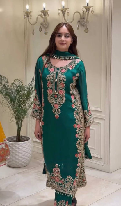 Designer Dark Green Floral Embroidered Straight Kurta with Plazzo & Dupatta Set