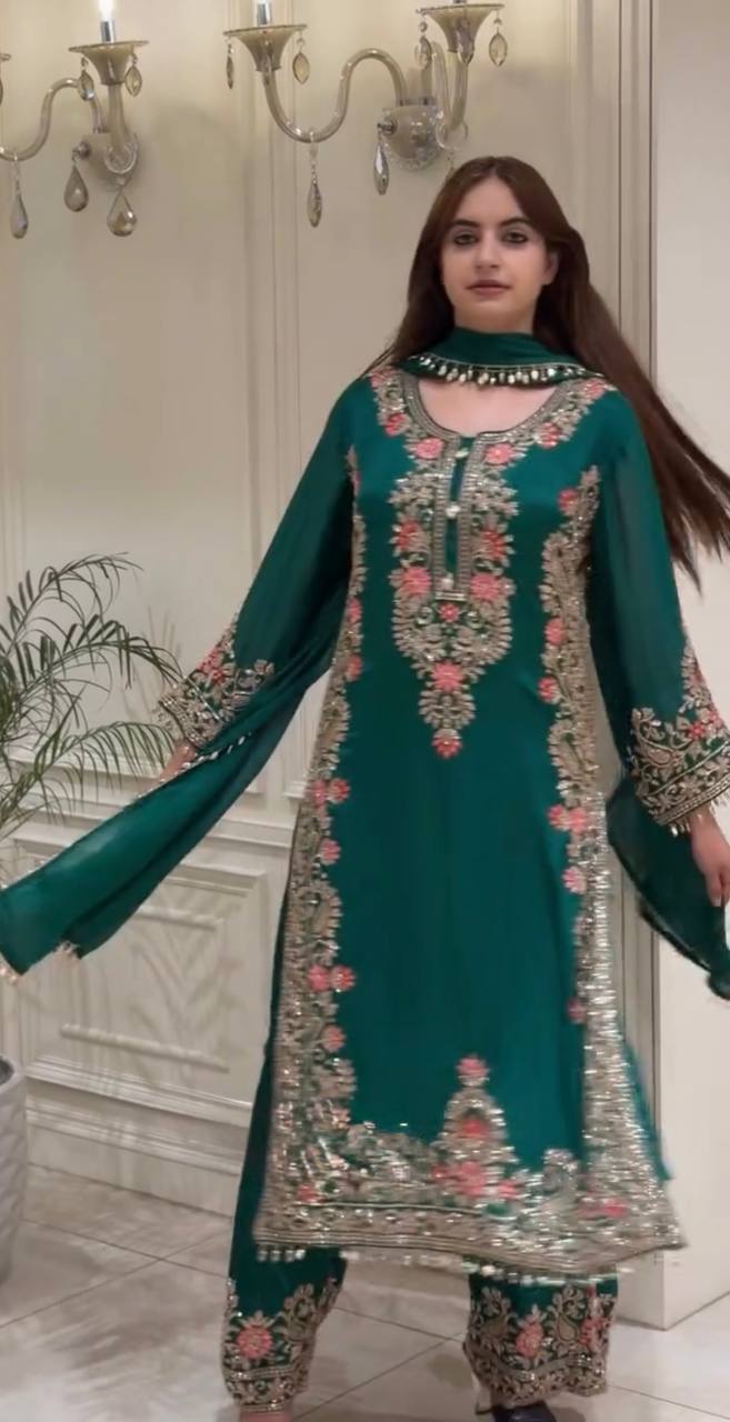 Designer Dark Green Floral Embroidered Straight Kurta with Plazzo & Dupatta Set