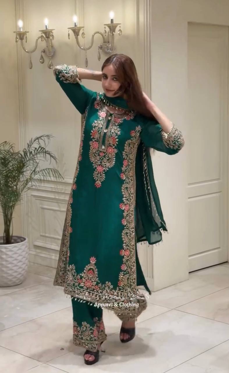 Designer Dark Green Floral Embroidered Straight Kurta with Plazzo & Dupatta Set