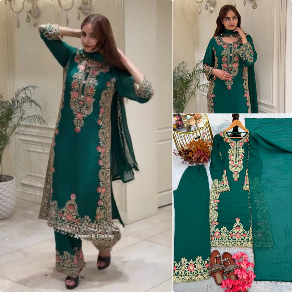 Designer Dark Green Floral Embroidered Straight Kurta with Plazzo & Dupatta Set